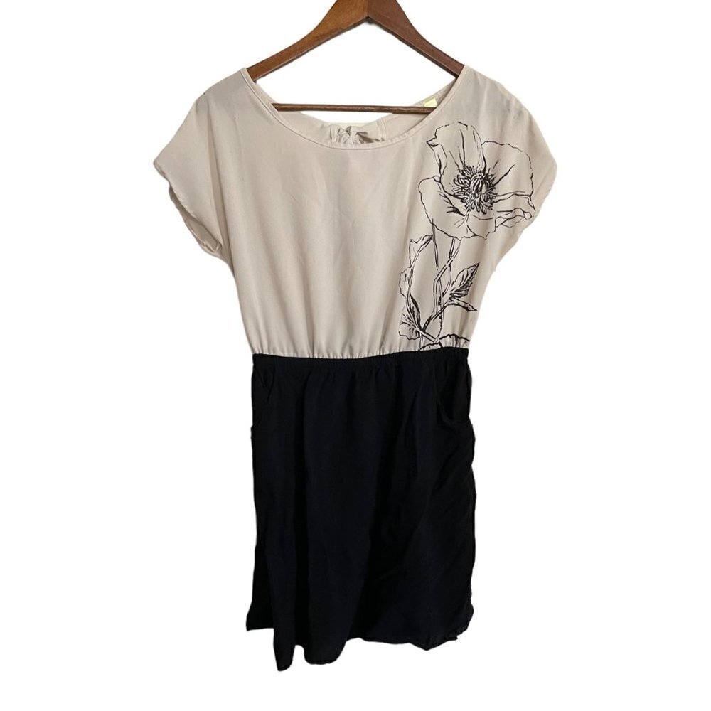 Bee Stitched Womens Cream Black Floral Y2K Tie Keyhole Back Mini Dress Small